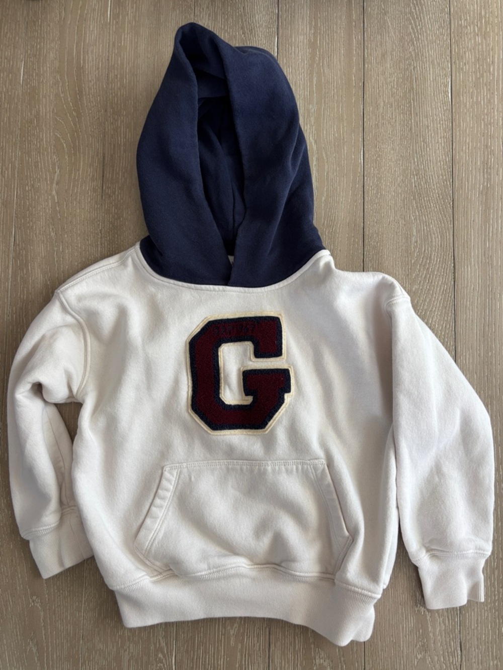 GAP White Hoodie with Navy Hood and Maroon Patch